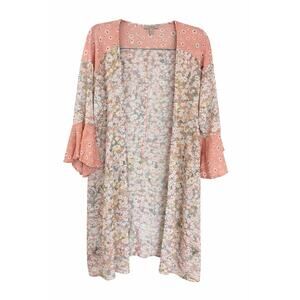 Wonderly Sm/Med Pink Floral Kimono Duster Open Front 100% Rayon Boho Festival